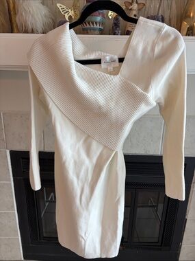 Asymmetric Off-the-Shoulder Sweater Dress in White